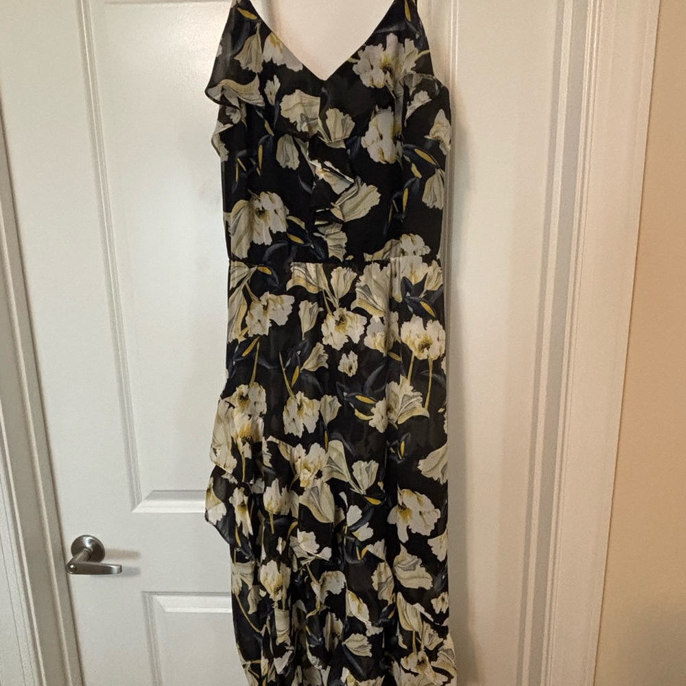 INC International Concepts Asymmetrical Black and Cream Floral Dress